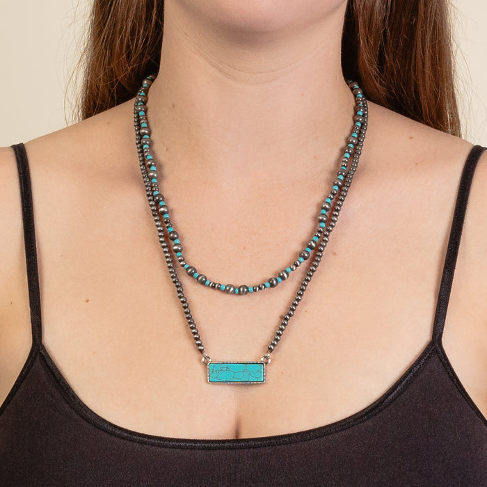 92171 - Layered Squash Blossom Necklace - Turquoise & Silver
