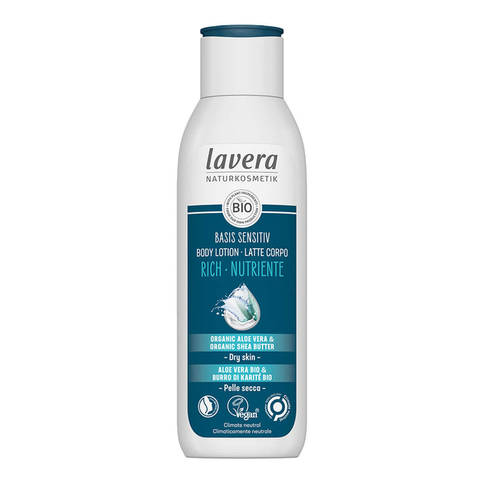 A bottle of certified organic, natural, cruelty free and vegan rich body lotion suitable for dry skin.
