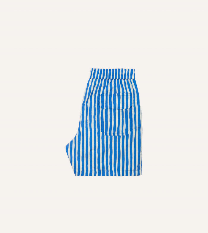 Blue Stripe Print Nylon Drawstring Swim Shorts