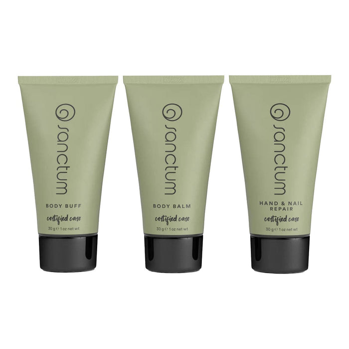 Three green tubes of Sanctum body care products on a white background.