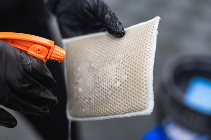 Person wearing black gloves holding a Jersey Bug Scrubber with a spray bottle filled with P&S Bug Off.