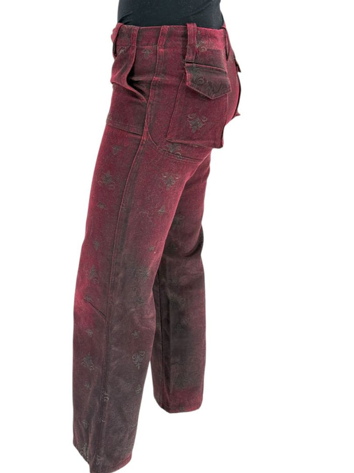 Custo Barcelona Women’s Burgundy Baroque-Print Denim-Style Pants – Size 4