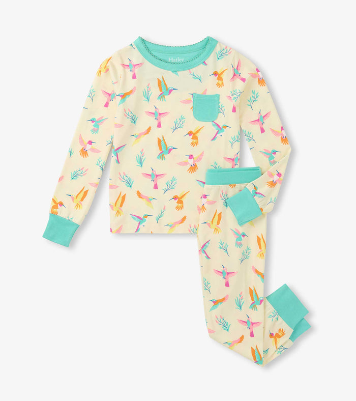Hatley girls Springtime Hummingbirds bamboo pajama set with aqua trim and matching pants.