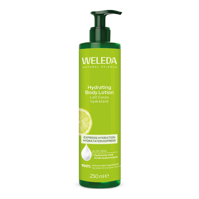 Weleda hydrating body lotion bottle on a white background. Intensive hydration. Aloe vera + hyaluronic acid.