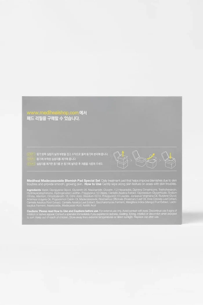 Back of the Mediheal product box showcasing the full list of Centella Asiatica ingredients and official clinical test certifications for sensitive skin.