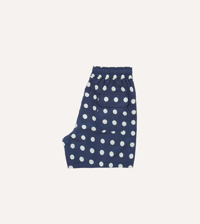 Navy Polka Dot Print Nylon Drawstring Swim Shorts