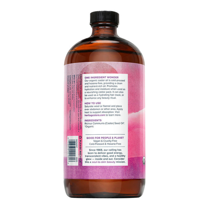 Back of 946ml bottle of organic castor oil nourishing treatment, showing directions and ingredients.