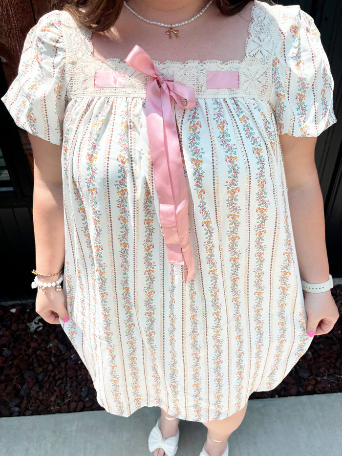 PRETTY BASH Floral Contrast Ribbon Square Mini Dress