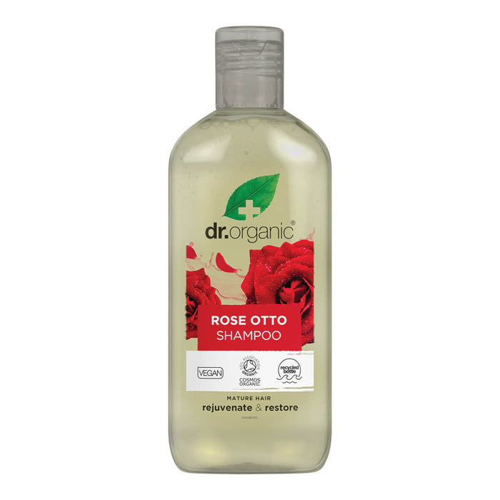 265ml bottle Dr. Organic Rose Otto Shampoo, a nourishing formula that revitalises the hair, leaving it soft, healthy, and full of volume.