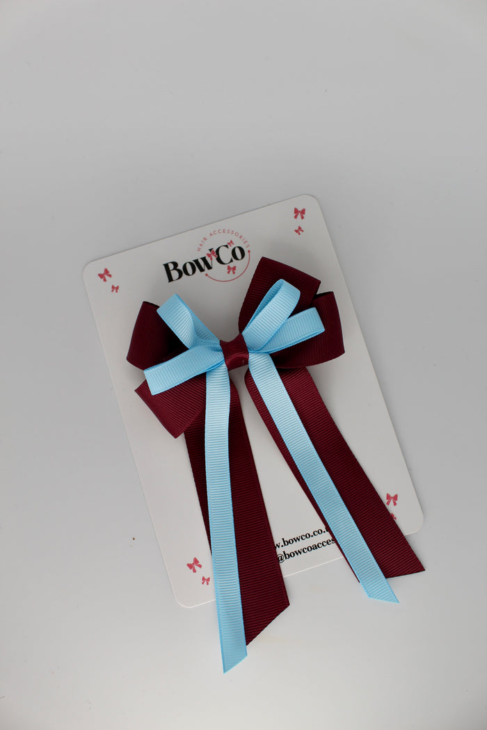 School Bow Burgundy and Blue Topaz - Loop Bow Tail Clip