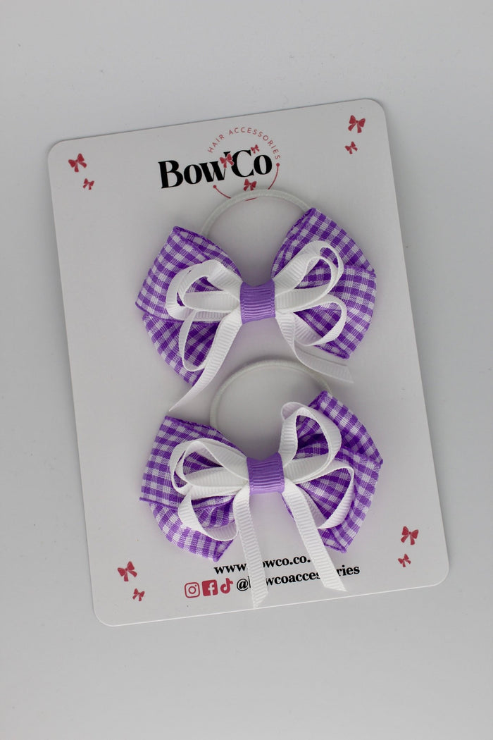 School Bow Lilac Gingham Double Bow Set - Elastic