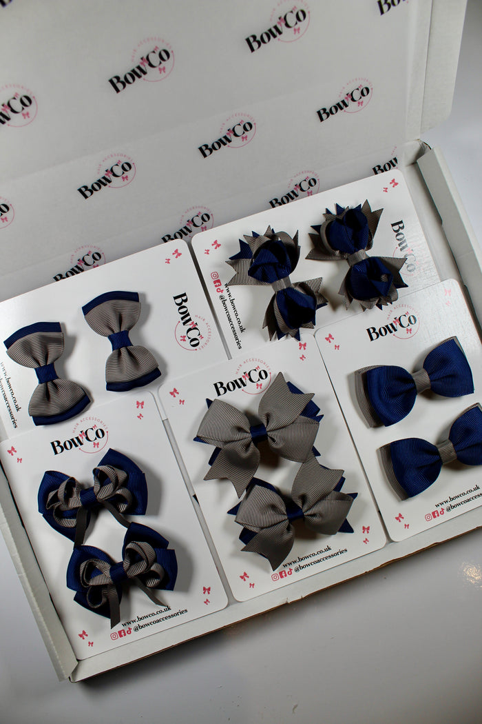 School Bundle 10 Bows - 5 Matching Pairs - Navy and Metal Grey