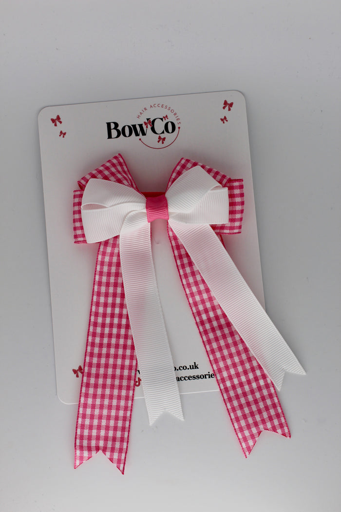 School Pink Gingham Tail Bow Clip