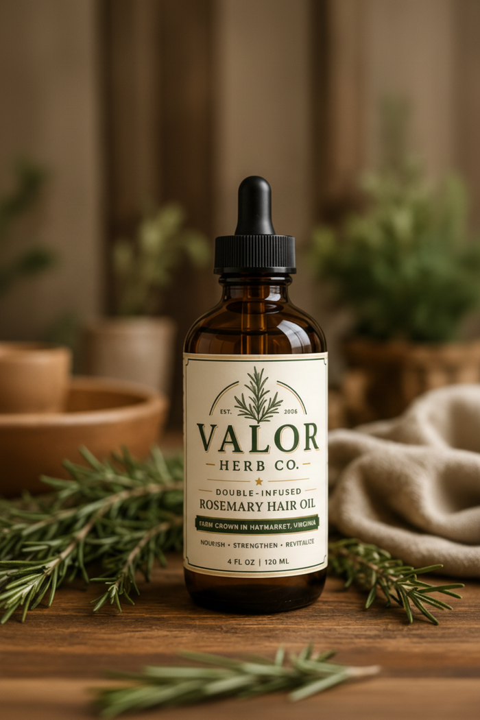 Bottle of Valor Herb Co. rosemary hair oil on a wooden surface with greenery.