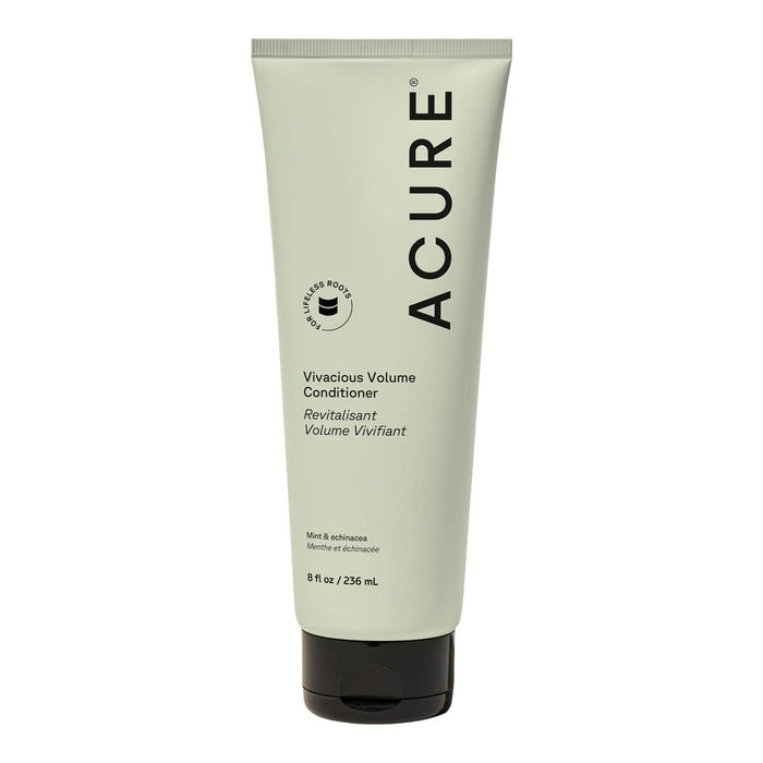 Acure Vivacious Volume Conditioner in a 236ml squeeze tube with a black cap, on a white background. Mint & echinacea.