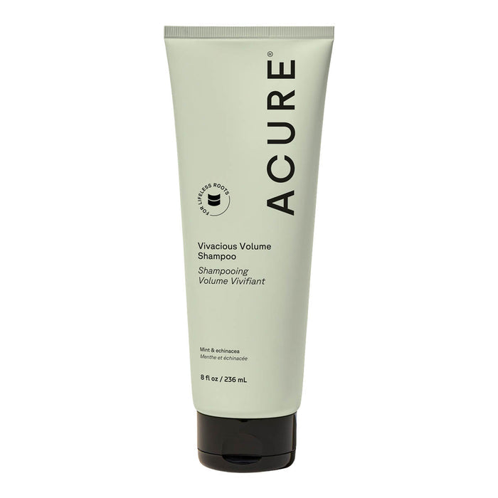 Acure Vivacious Volume Shampoo in a 236ml squeeze tube with a black cap, shown on a plain white background. Mint & echinacea.