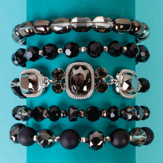 1435 - Crystal Stacked Bracelets - Black