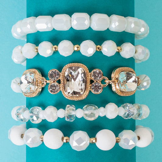 1435 - Crystal Stacked Bracelets - White