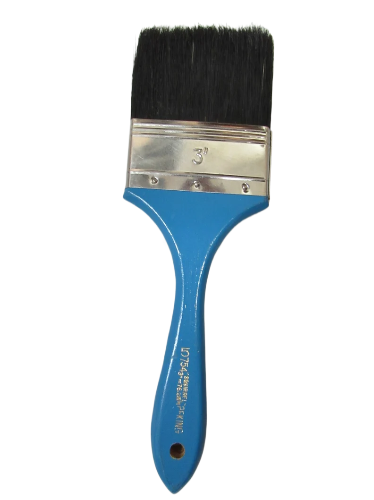 A flat, wooden handle paint brush with blue bristles and a size of 3 inches.