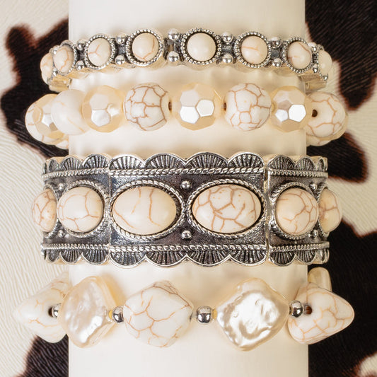 74818 - Squash Blossom Stacked Bracelets - Ivory & Silver