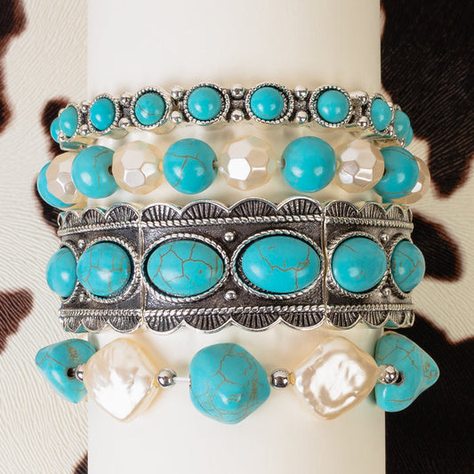 74818 - Squash Blossom Stacked Bracelets - Turquoise & Silver