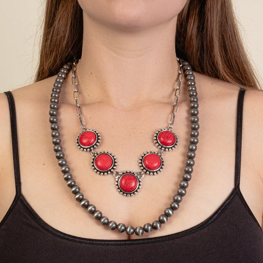 92090 - Layered Squash Blossom Necklace - Red & Silver