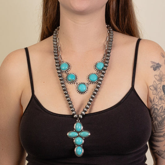 92091 - Layered Squash Blossom Necklace - Turquoise & Silver