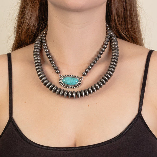 92163 - Layered Squash Blossom Necklace - Turquoise & Silver