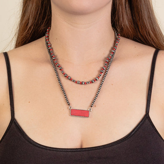 92171 - Layered Squash Blossom Necklace - Red & Silver