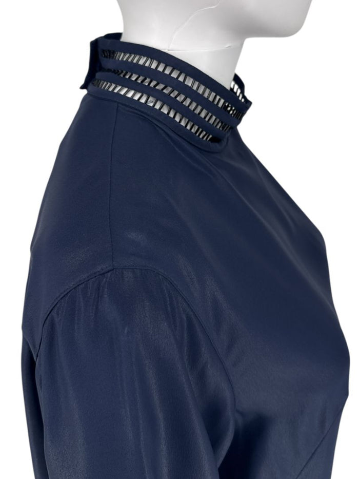 Akris Navy Mulberry Silk Blouse with Jewelry Trim – Size US 8 / FR 40 / DE 38