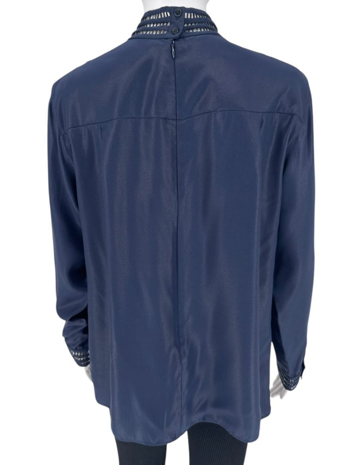 Akris Navy Mulberry Silk Blouse with Jewelry Trim – Size US 8 / FR 40 / DE 38