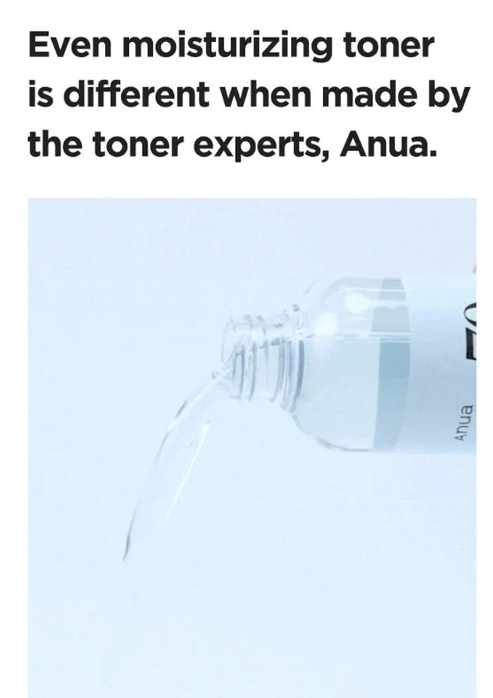 Anua toner bottle with text about being made by experts on a light blue background