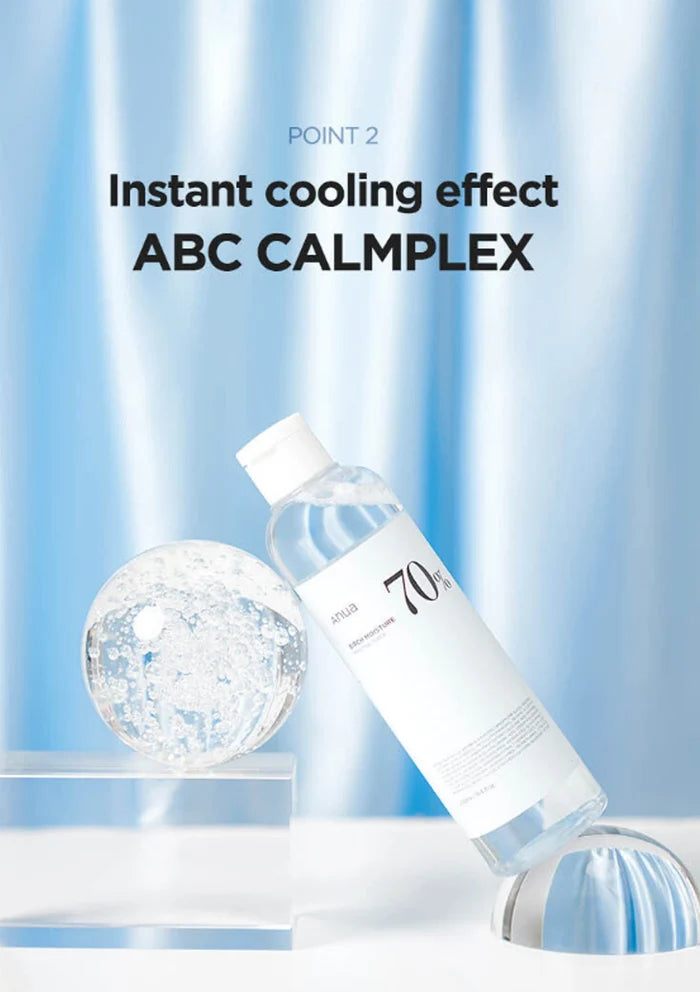 Bottle of ABC Calmplex with a cooling effect on a blue background