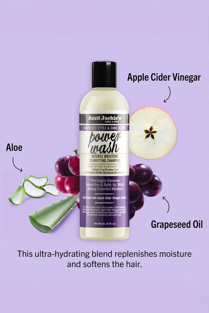 AUNT JACKIE'S GRAPESEED STYLE & SHINE RECIPES POWER WASH INTENSE MOISTURE SHAMPOO 12oz AUNT JACKIE'S