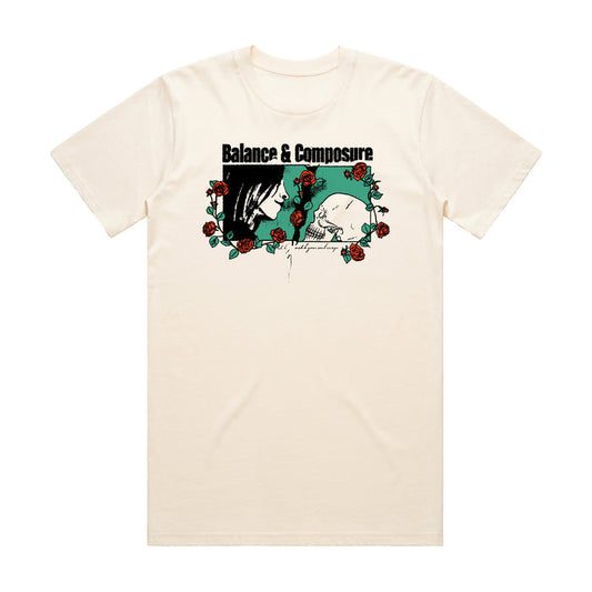Balance And Composure Comfort Colors Ivory t-shirt featuring the band name above two illustrated faces, surrounded by red roses and green leaves, with handwritten script below the faces.