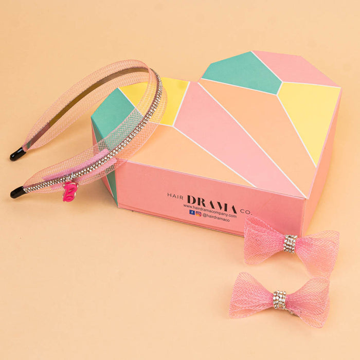 Barbie Crystal Mesh 3 Pieces Gift Box with 1 Hair Bands & 2 Hair Bows - Pink