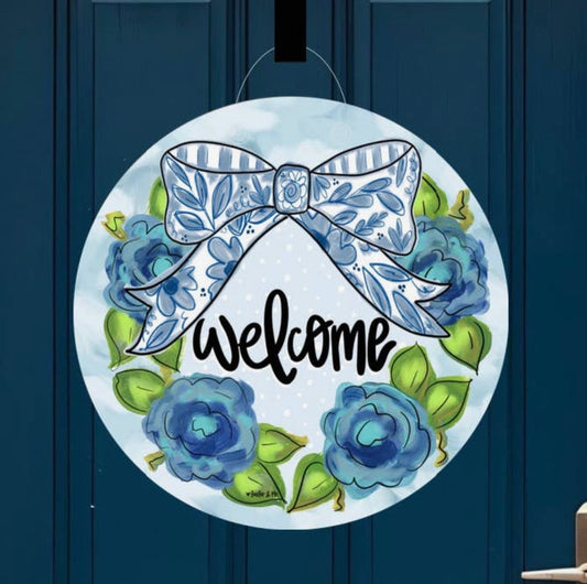 Baxter & Me Blue Willow Bow Welcome Door Hanger