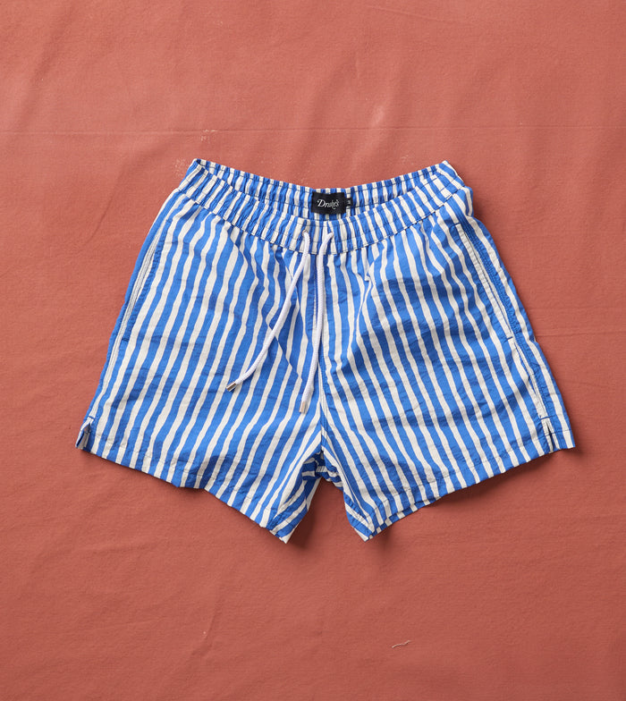 Blue Stripe Print Nylon Drawstring Swim Shorts