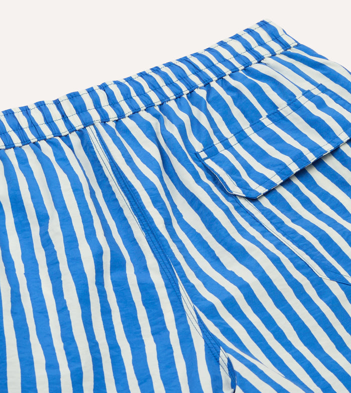 Blue Stripe Print Nylon Drawstring Swim Shorts