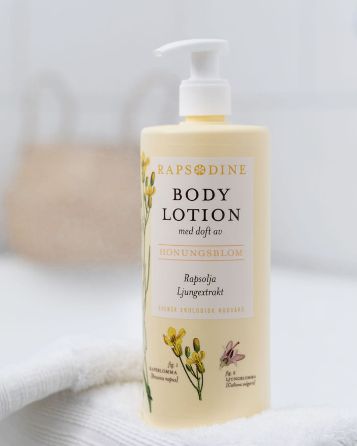 Ekologisk body lotion med doft av honungsblom från Rapsodine med rapsolja och ljungextrakt, naturlig hudvård i Sverige