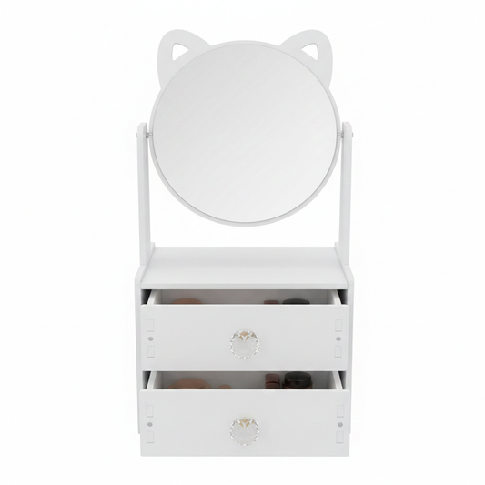 Cat Ear Vanity Mirror white with 2 drawers on white background