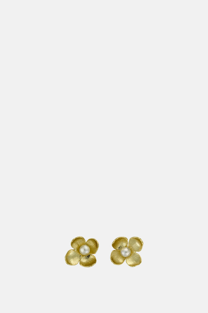 Alex Monroe Cuckoo Flower Stud Earrings with White Pearl Gold.