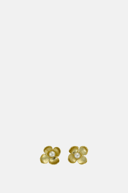 Alex Monroe Cuckoo Flower Stud Earrings with White Pearl Gold.