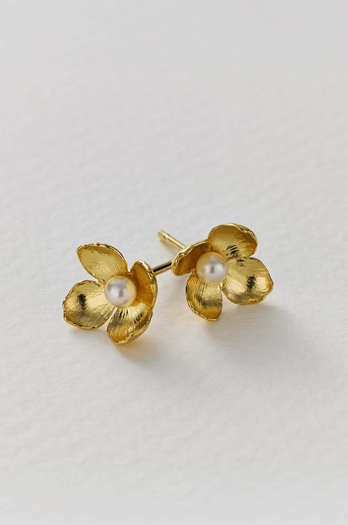 Cuckoo Flower Stud Earrings with White Pearl Gold