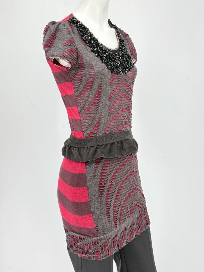 Custo Barcelona Embellished Cutout Knit Shirt Dress with Detachable Belt – Size 1