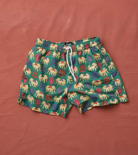 Elephant Print Nylon Drawstring Swim Shorts