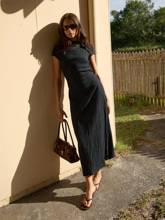 Elodie - Hemp Seersucker Midi Dress | Black-Image 1