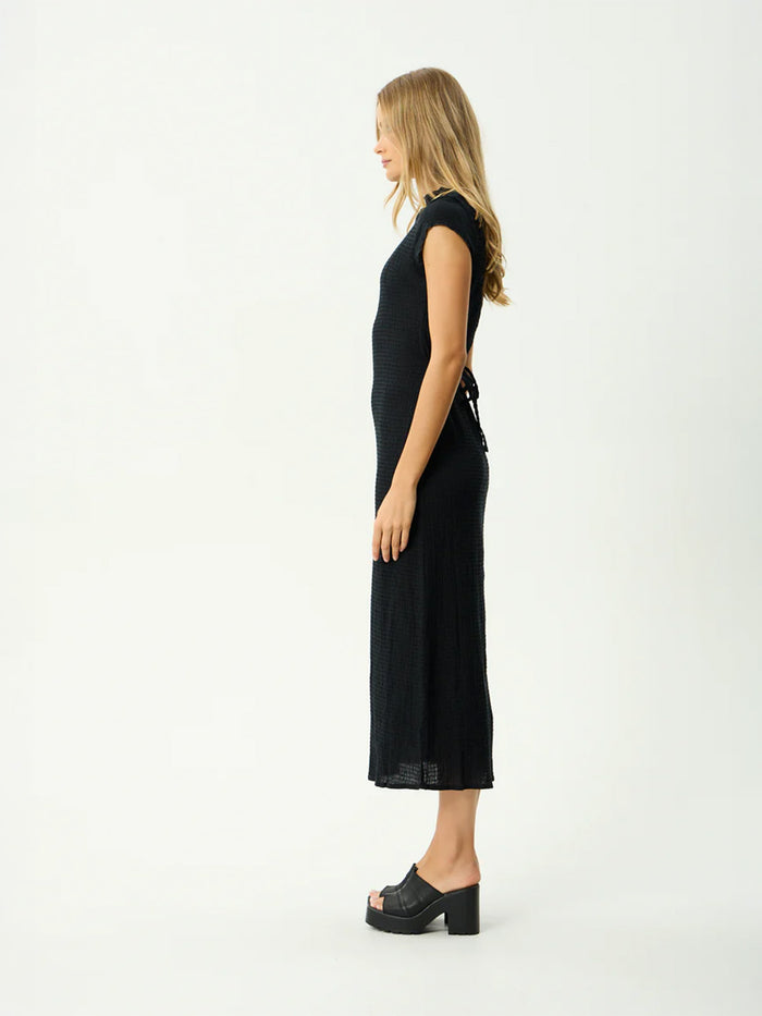 Elodie - Hemp Seersucker Midi Dress | Black-Image 3