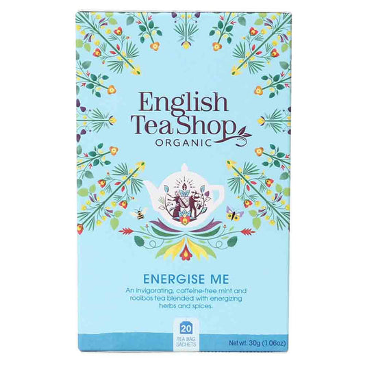 A box of English Tea Shop Organic 'Energise Me' tea bags, featuring a light blue background decorated with colorful botanical illustrations and a teapot graphic.