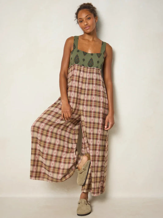 Gabi Jumpsuit - Tan Plaid Green Medallion-view 1
